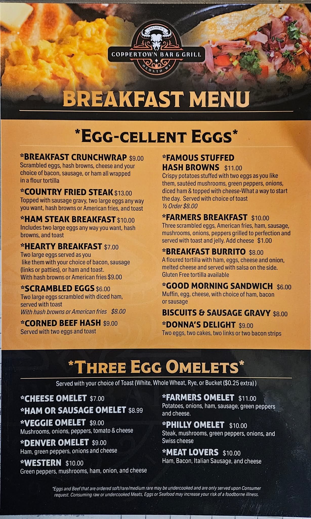 Breakfast menu — egg plates and three-egg omelets