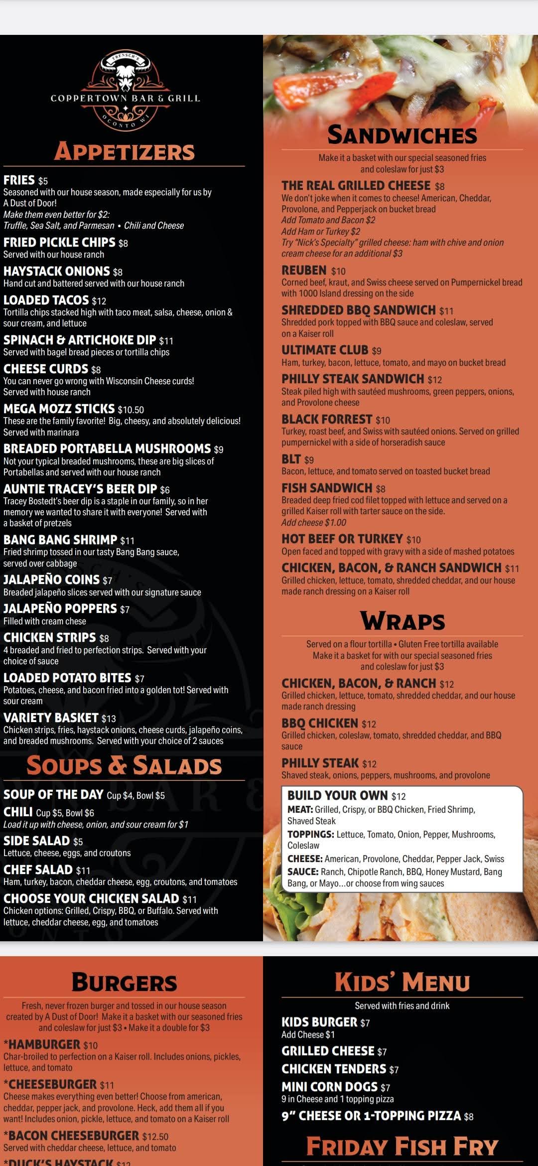 Coppertown menu — appetizers, soups and salads, sandwiches, and wraps